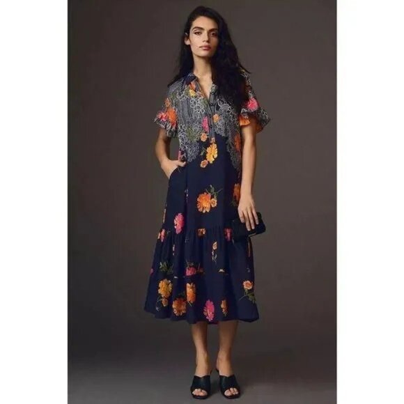 Anthropologie Dresses & Skirts - NEW Anthropologie Floral Blue Motif Midi Dress Navy blue floral Oversized Small